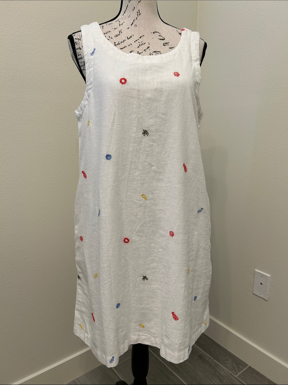C&C California Embroidered White Linen Tank Dress with Multicolor Dots